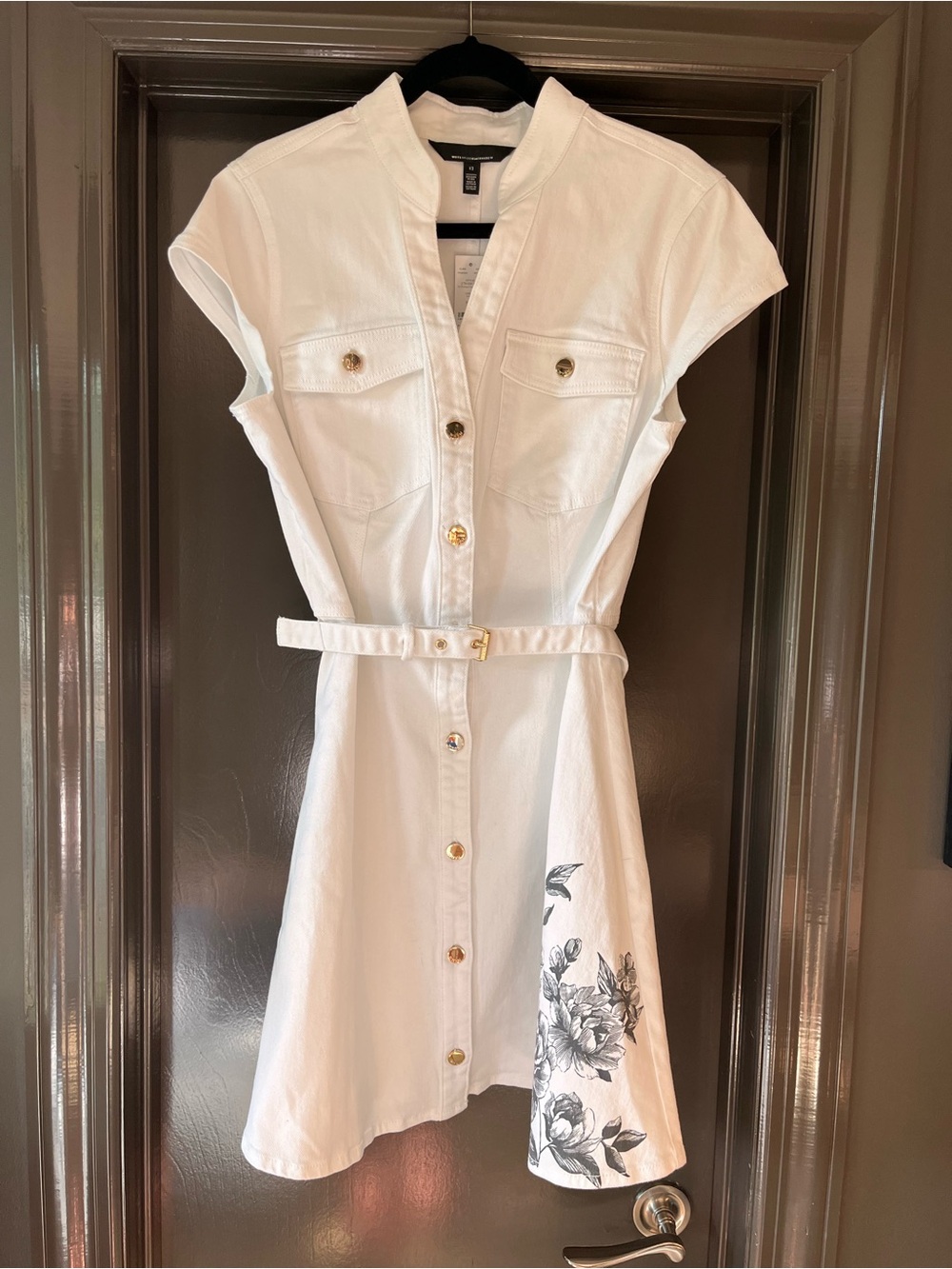 White House Black Market White Belted Shirt Dress with Black Floral Accent